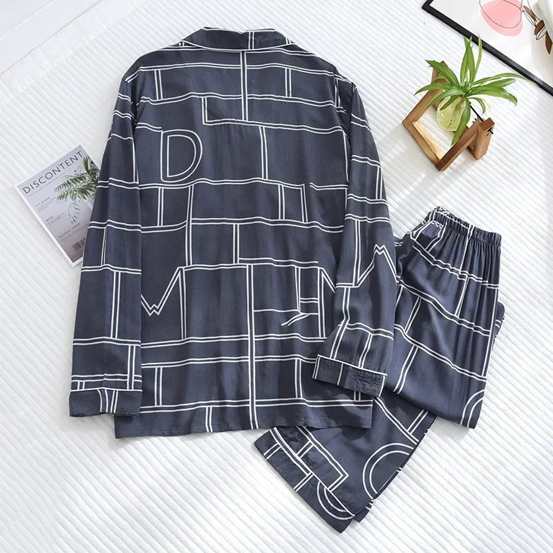 睡衣男Spring and summer new men's pajamas long-sleeved trousers two-piece set 100% viscose thin homewear set cardigan large size sleep