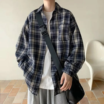衬衫男Japanese Vintage Plaid Shirt Men's Long Sleeve New Model Loose-Fit Casual High-End Feel Men's Jacket Shirt For Spring And Autumn