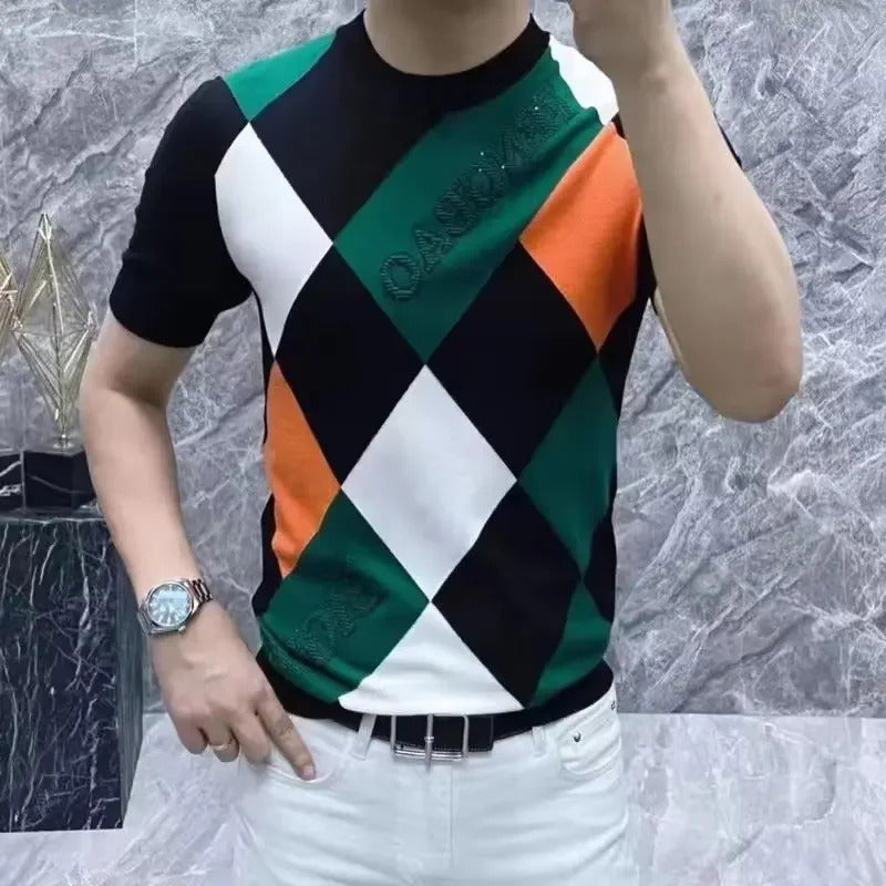 T恤男Trendy Men's Ice Silk Short Sleeve T-Shirt 2024 Spring Autumn New Style Versatile Square Half Sleeve Top Crew Neck Design