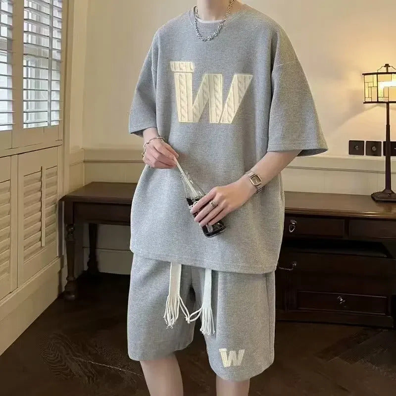 男士套装Men's Summer Casual Fashion Short Sleeve T-Shirt Shorts Two-Piece Loose-Fit Printed Sports Suit