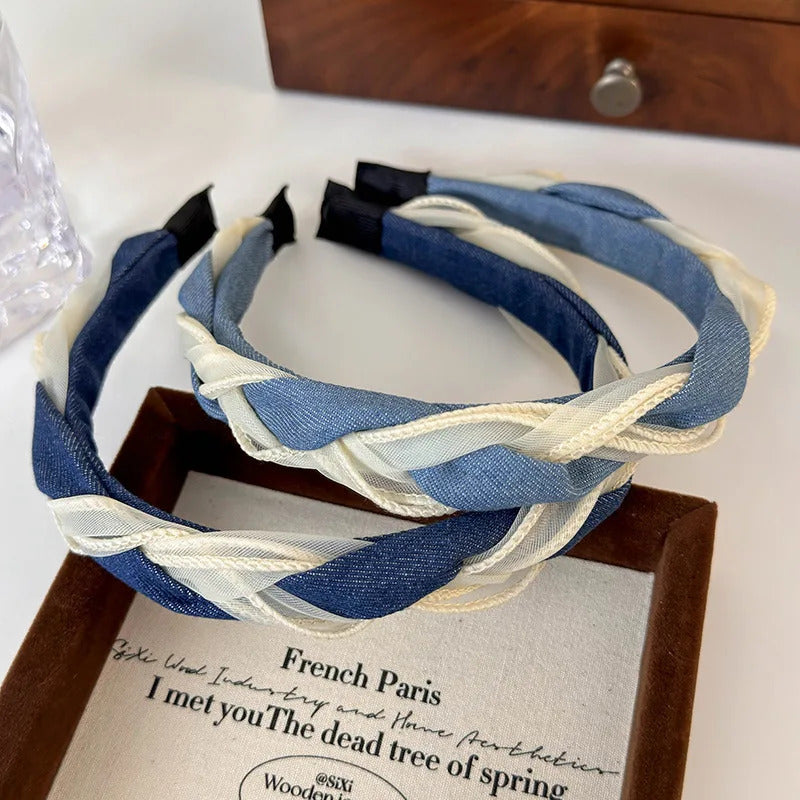 发饰New Retro Braided Twist Headbands Fashion Denim Panelled Mesh Yarn Hair Hoop for  Woman Girl Elegant Hair Band Hair Accessories