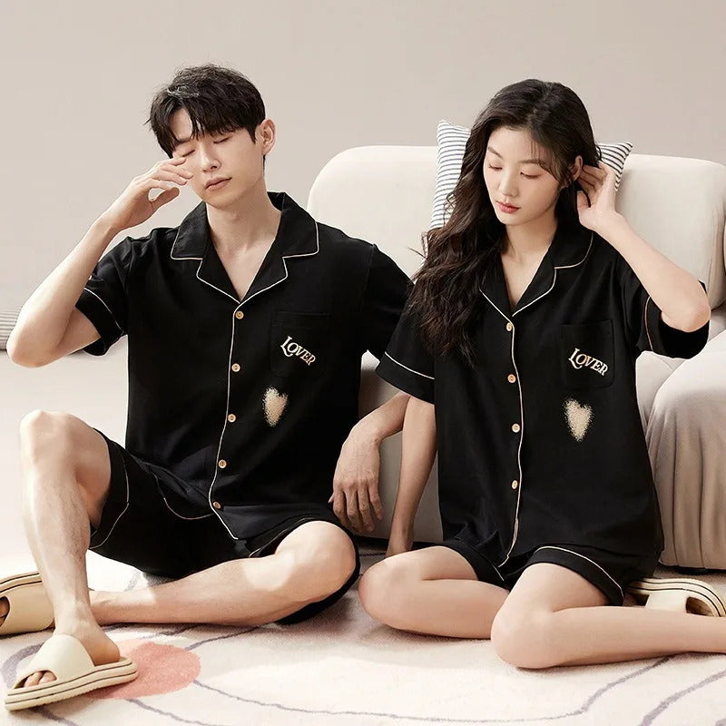 睡衣男Couples Cotton Sleepwear Summer Homewear Women's Short Sleeve Pajamas Set Men Shorts Nightwear Cardigan Loungewear