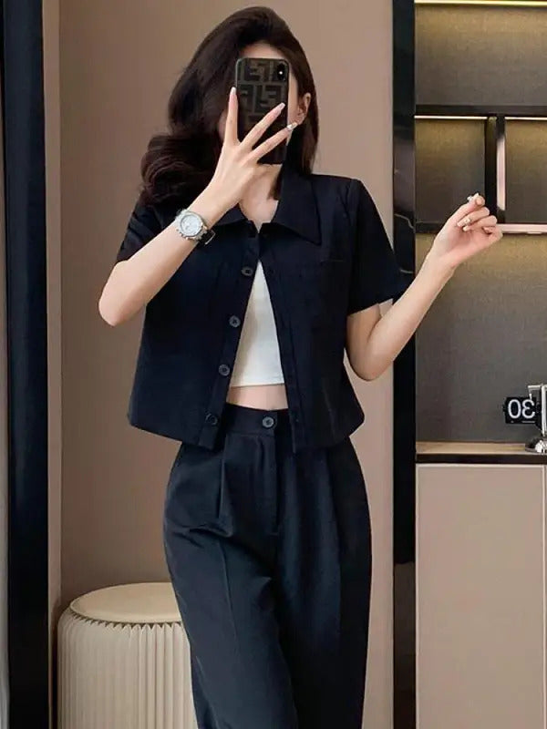 商务装女2024 Summer Women Two Piece Set Office Simple Solid Elegant Lapel Short Sleeve Blazer Top And High Waist Wide Legs Pant Suit New