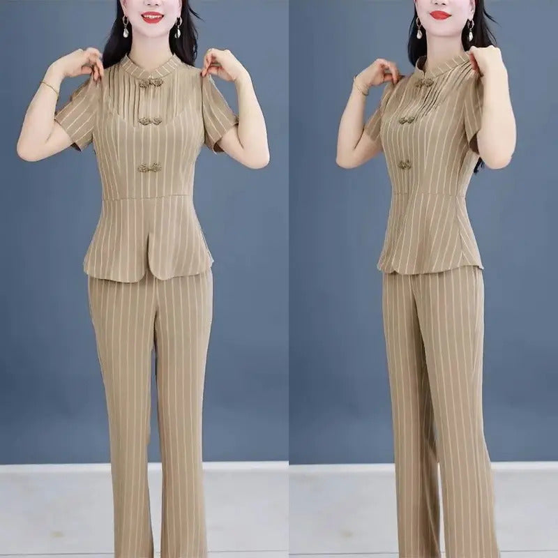 商务装女Spring and Summer New Fashion Style Slimming Stripe Short Sleeved Top Micro Flare Pants Age Reducing Two Piece Set