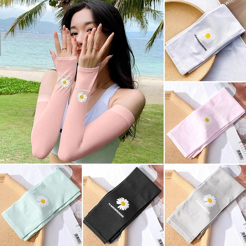 防晒冰袖女1Pair Daisy Arm Sleeves Warmers Sports Sleeve Sun UV Protection Hand Cover Cooling Warmer Running Fishing Cycling