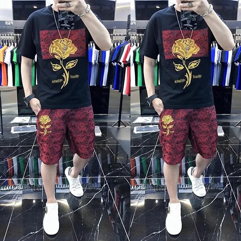 男士套装Fashionable Casual Men's Suite Unique Letter Printed Ice Silk Top With Shorts 2-Piece Set Summer Style European Station