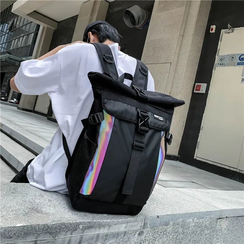 包包男Multifunction Colorful Reflective Patchwork Casual Backpacks Men Women Techwear Hip Hop Travel Bag Large Capacity School Bags 가방