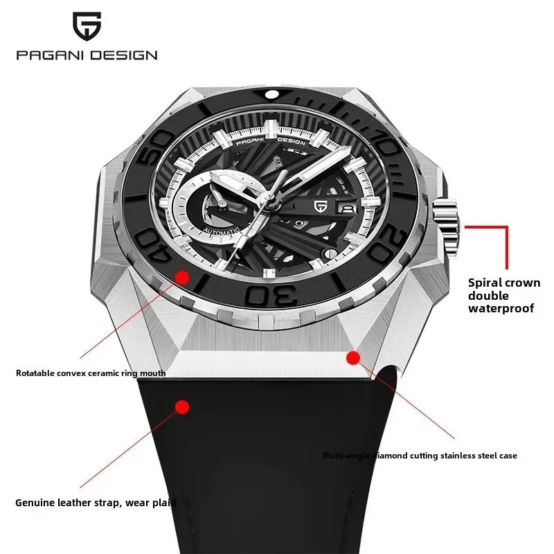 手表男手表男Paganidesign Men's Large Dial Automatic Mechanical Watch Waterproof Wristwatch YS-007 Business Style No Clasp Band