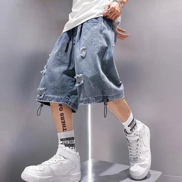 短裤男Summer Men's Denim Shorts Trendy Loose-fit Seven-half Pants Holeed Casual Shorts Five-half Pants