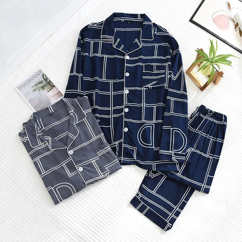 睡衣男Spring and summer new men's pajamas long-sleeved trousers two-piece set 100% viscose thin homewear set cardigan large size sleep