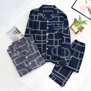 睡衣男Spring and summer new men's pajamas long-sleeved trousers two-piece set 100% viscose thin homewear set cardigan large size sleep