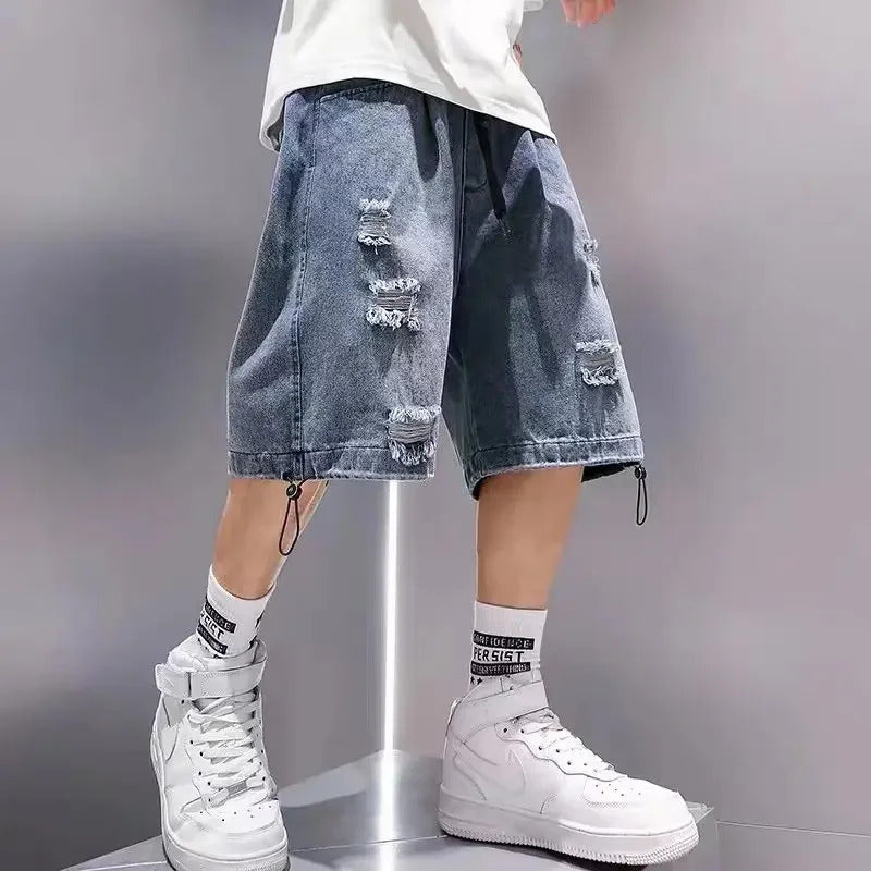 短裤男Summer Men's Denim Shorts Trendy Loose-fit Seven-half Pants Holeed Casual Shorts Five-half Pants