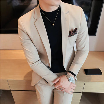 商务装男(Jacket+Pants) 2023 Suits Fashion New Men High Quality Low Price Business Wedding Groom Pure Color Blazers Trousers 2 Pcs Set