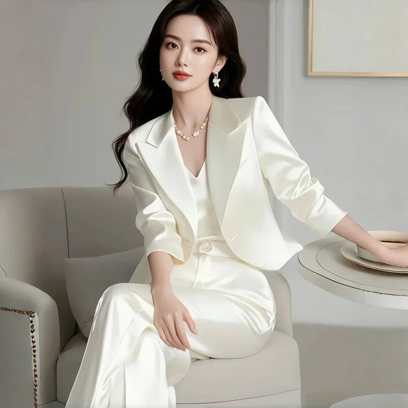 商务装女Autumn New Office Lady Satin Suit Women Elegant Formal Outfits Solid Color Blazer + High Waist Wide Leg Pants Two Piece Set 662P