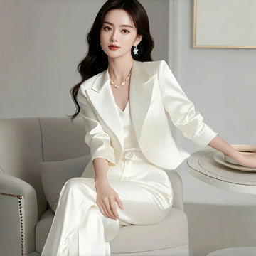 商务装女Autumn New Office Lady Satin Suit Women Elegant Formal Outfits Solid Color Blazer + High Waist Wide Leg Pants Two Piece Set 662P