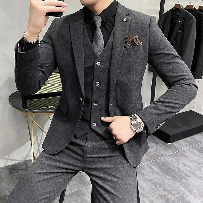 商务装男( Jacket + Vest + Pants ) High-end Brand Boutique Fashion Solid Color Mens Casual Business Suit 3Piece Set Groom Wedding Dress