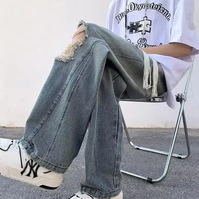 牛仔裤男Vintage American Style Men's Jeans With Drawstring Waist Straight-Leg Pants Casual Summer Fashion Trousers From China