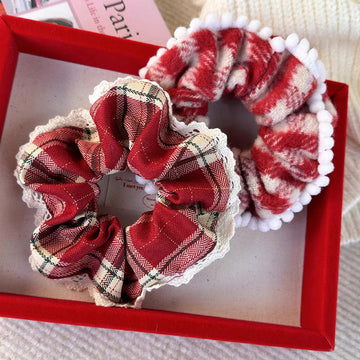 发饰Retro Red Lace Plaid Large Hair Scrunchies Headbands for Womens Girsl Hair Rope Rubber Band Fashion New Year Christmas Headdress