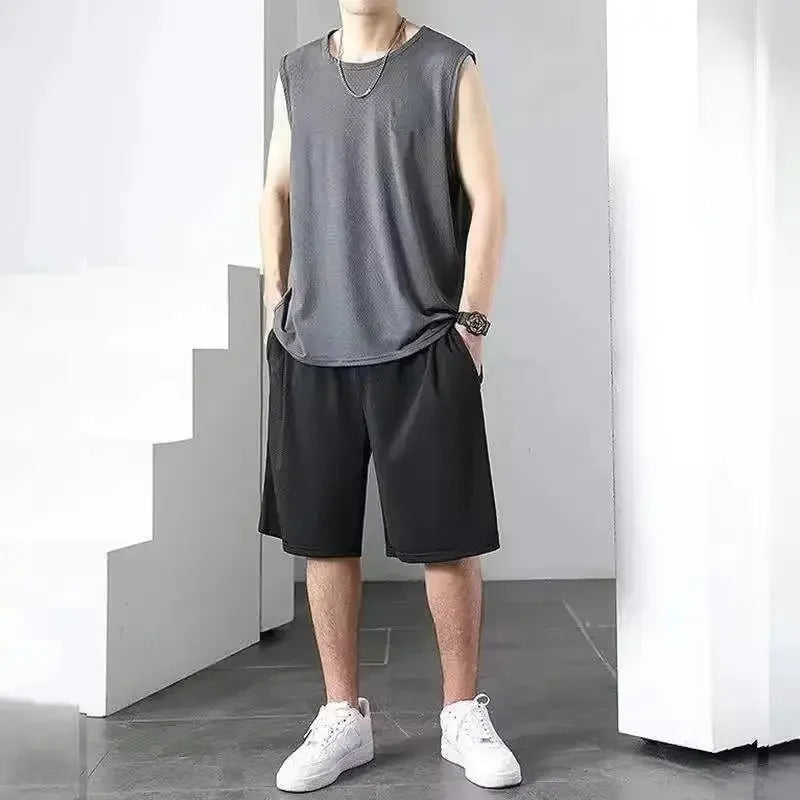 男士套装Simple Sleeveless Sports Suit For Men And Women Summer Running 2-Piece Set Couple Matching Trendy Slims Smooths Your Silhouette