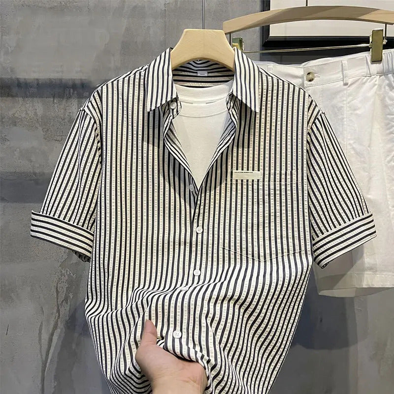 衬衫男Elegant Fashion Harajuku Slim Fit Ropa Hombre Loose Casual Sport All Match Tops Square Neck Button Pockets Short Sleeve Blusa