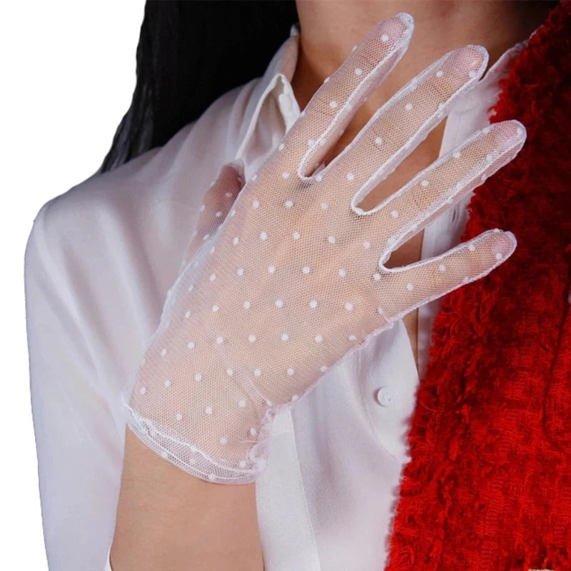 防晒手套女Women Thin Transparent Mesh Flocking Polka Dot Wedding Dress Gloves Female Summer Sunscreen Anti-UV Lace Driving Mittens L84