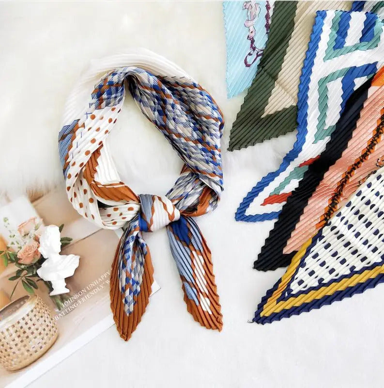 丝巾女Summer Multifunction New Elegant Decorated Scarf for Women Small Pleated Neck Scarf Crinkle Pattern Silk Headwear 2021