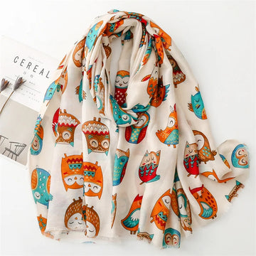 丝巾女New Winter Autumn Colorful Owls Pattern Long Cotton and Linen Scarf for Women Luxury Fashion Women's Kawaii Animals Warm Shawls
