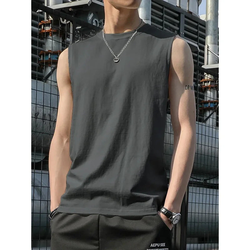 男士背心Men's Summer Thin Round Neck Cross Bar White Sports Fitness Base Wide Shoulder Pure Inner Wear Sleeveless T-shirt