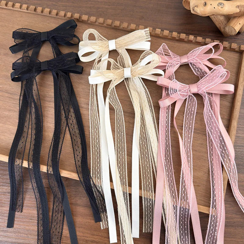 发饰Korean Lace Bow Hair Clip Fashion Long Ribbon Hairpins Barrettes Headband for Women Girls Sweet Hair Accessories Wedding Jewelry