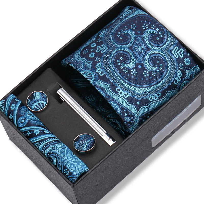 领带男Wedding Gift Tie Wholesale New Style Pocket Squares Set Cufflinks Tie Clip Necktie Box Men Fit Wedding Blue Paisley Black Boxs