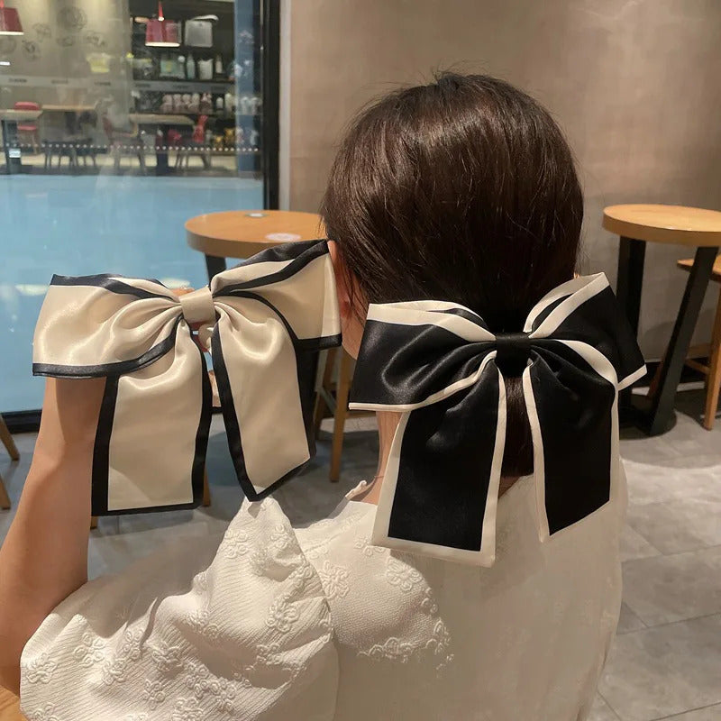 发饰Silk Large Bow Hair Bands Hair Scrunchie Girl Streamers Hair Tie Ponytail Holder Elastic Hair Girl Satin Ribbon French Hair Rope