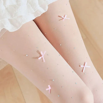 丝袜Female Rhinestone Pink Velvet Bow Embroidery Pearl Tights Fashion Women JK Lolita Styles Sweet Girls Kawaii Cute Shiny Pantyhose