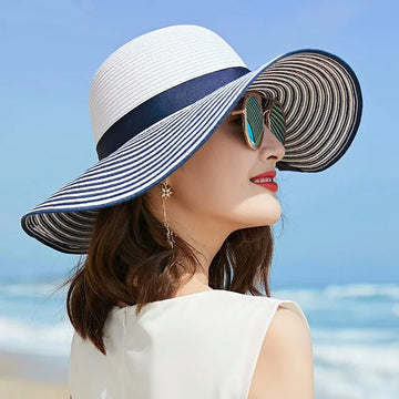 帽子女2019 Hot Sale Fashion Hepburn Wind Black White Striped Bowknot Summer Sun Hat Beautiful Women Straw Beach Hat Large Brimmed Hat