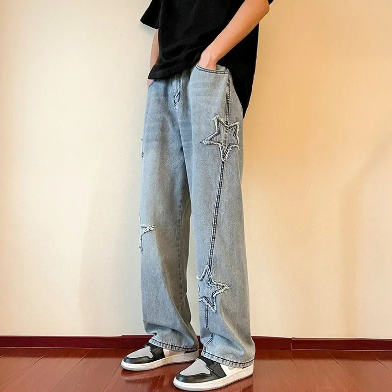 牛仔裤男Vibe American Style Men's Jeans Straight-Leg Loose-Fit Bell Bottoms Trendy Branded Casual Pants Summer High Street Style