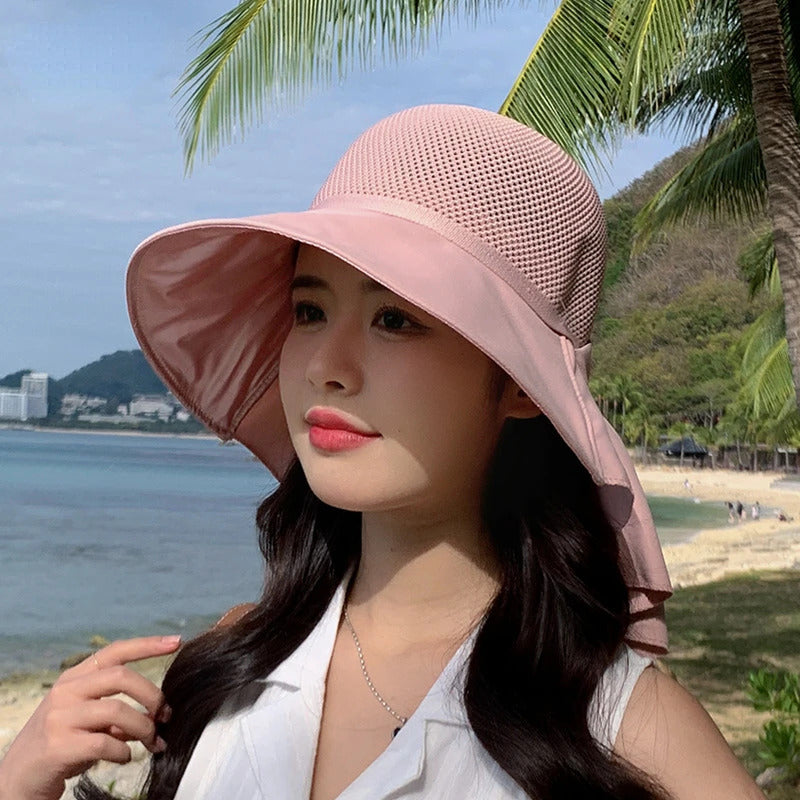 帽子女Summer Women Bucket Hat with Shawl Lightweight Breathable Mesh Face Neck Protection Sun Hat Bow Pleat  Beach Cap Design Travel