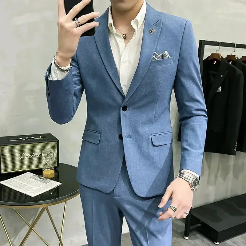 商务装男( Blazer + Pants ) High End Brand Plaid Men's Casual Formal Office Business Suit Groom Wedding Dress Slim Suit Jacket Trousers