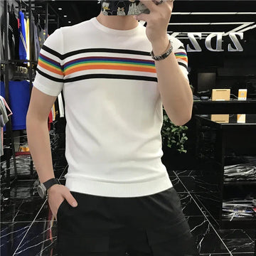 T恤男2022 Summer New Men's Trendy Ice Silk Knit Striped Short Sleeve T-shirt Slimming Effective Cooling Half Sleeve T-shirt