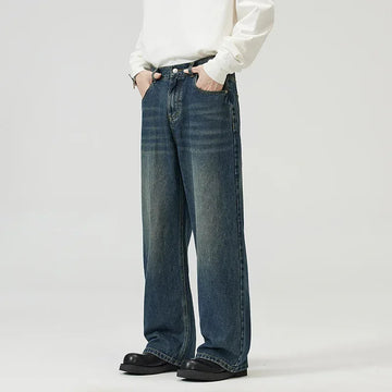 牛仔裤男2024 Spring New Men's Vintage Jeans Loose-Fit Straight-Leg Wide-Leg American Style Waist Elastic Denim Trousers