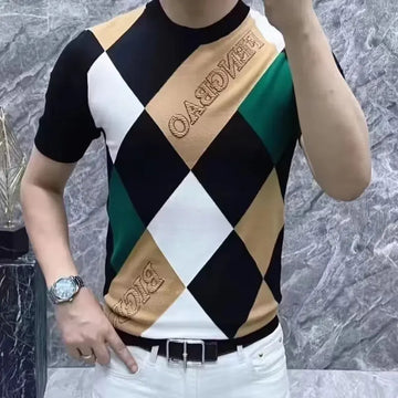 T恤男Trendy Men's Ice Silk Short Sleeve T-Shirt 2024 Spring Autumn New Style Versatile Square Half Sleeve Top Crew Neck Design