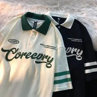 POLO男Vintage American Style Polo Collar T-shirt Half Sleeves 2023 New Couple Clothing Harajuku Style Printed Graphics Men Women's Top