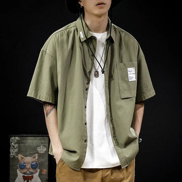 衬衫男2025 Vintage Short Sleeve Social Shirt Men's Loose Casual Cardigan Cargo Shirt Summer Fashion Preppy Streetwear Plain Blouses