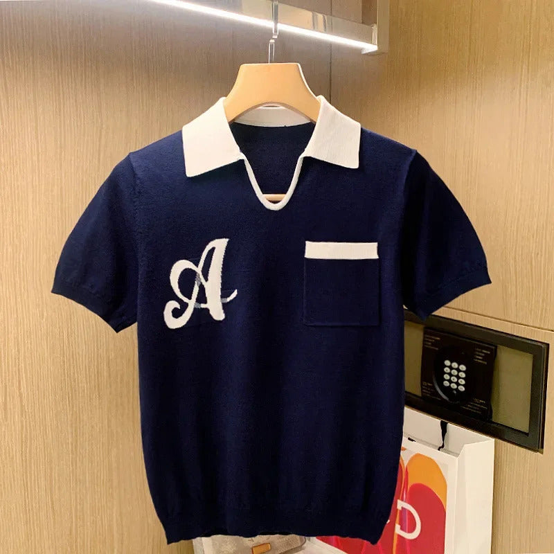 POLO男Trendy Unique V-neck Men's Polo Shirt Knit Short Sleeves Summer Casual Wear Color Block Casual Men's Fashion T-shirt