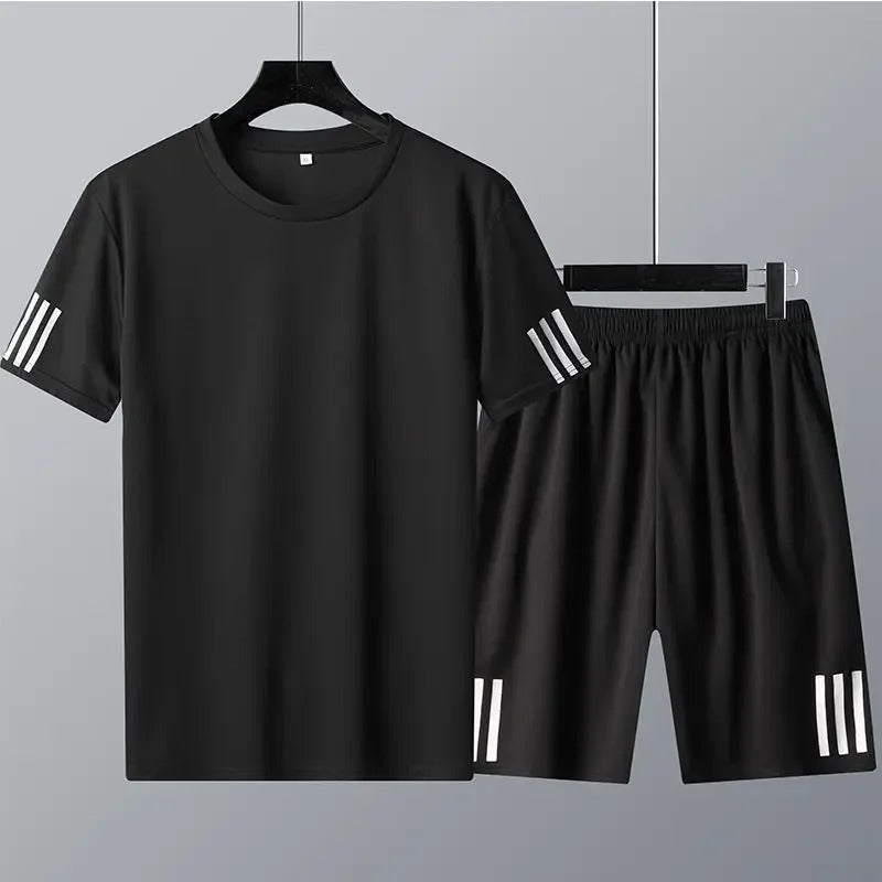 男士套装Quick-Dry Summer Sports Suit Round Neck Loose-Fit Plus Sizes Short Sleeves Beach Casual Trousers Cross-Border Men's Set