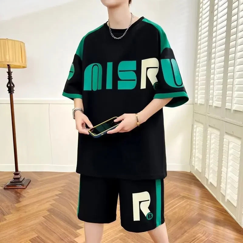 男士套装Summer Casual Loose-fit Trendy White Short Sleeve Sports Suit T-shirt For Junior Senior High School Boys