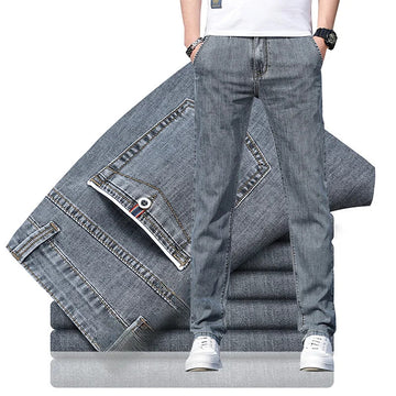 牛仔裤男Trendy Men Jeans Elastic Loose Soft Ice Silk Slim Fit Straight Cylinder Pure Color Casual Long Pants