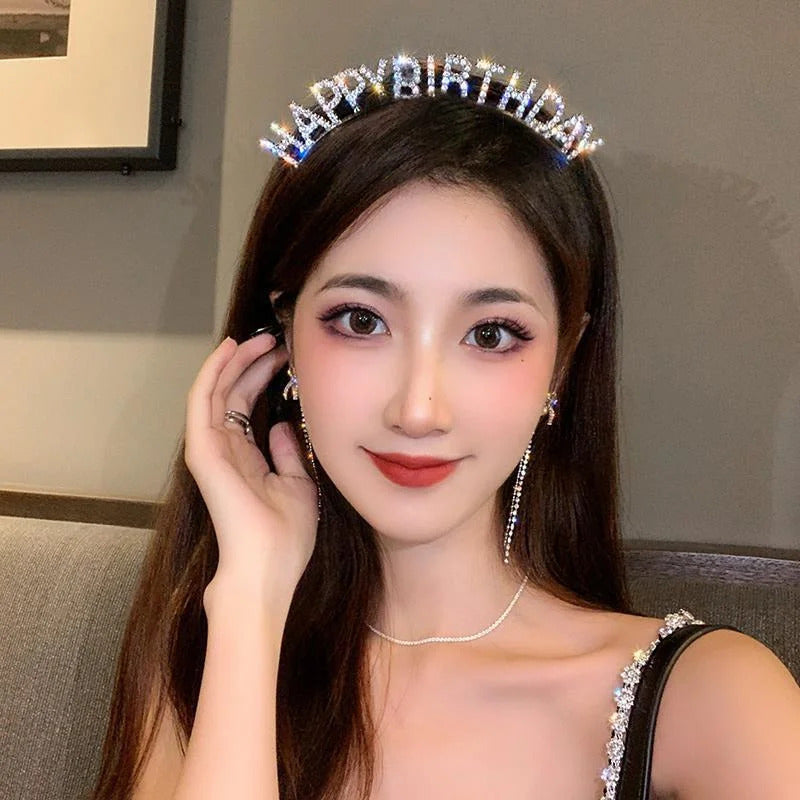 发饰Happy Birthday Headband Hair Hoop Woman Rhinestone Letter Hairbands Light Luxury Metal Headband Women Girl Kids Crowns Hair Hoop