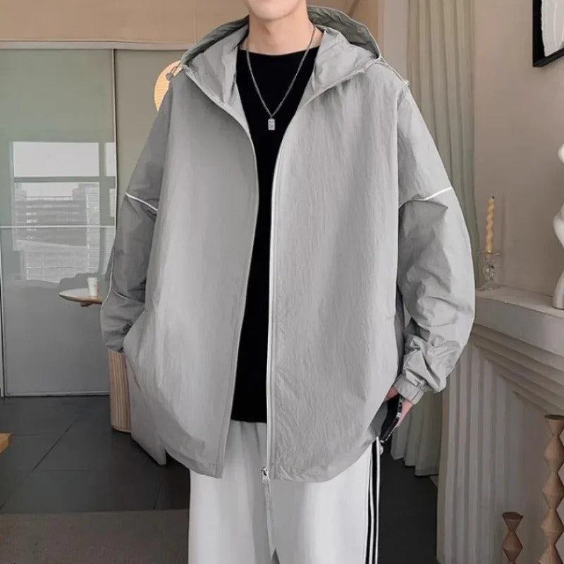 防晒衣男Youth Sunscreen Clothes Men's Lightweight Summer Hooded Jacket Ice Silk Breathable Skin Clothes Trendy Brand Plus Size Sunscreen