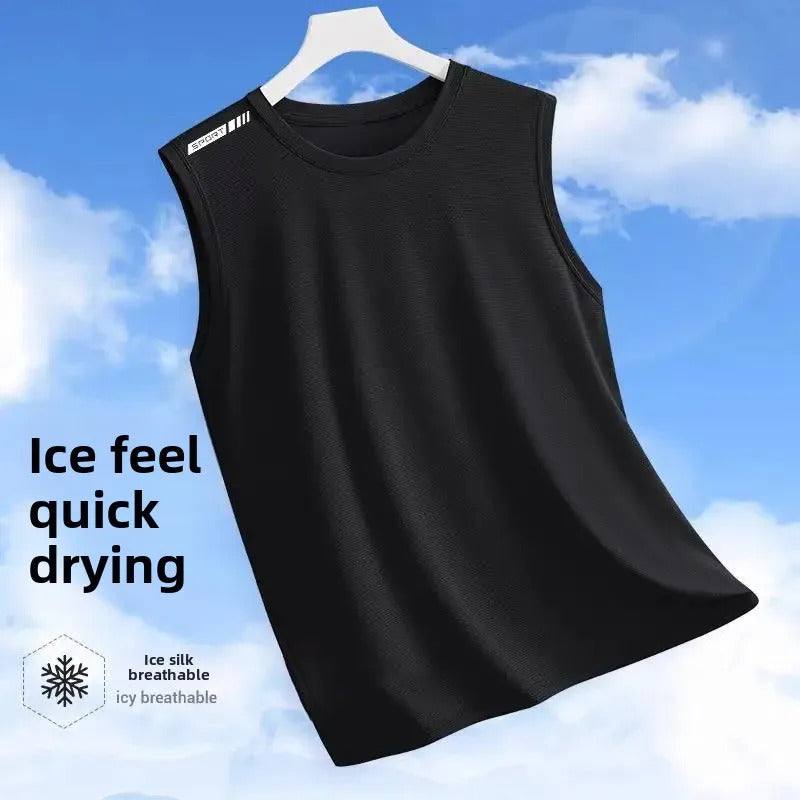 男士背心Summer Ice Silk Quick Dry Sleeveless T-Shirt Men's Sport Top Loose Running Short Sleeve Training Fitness Vest Casual Wear