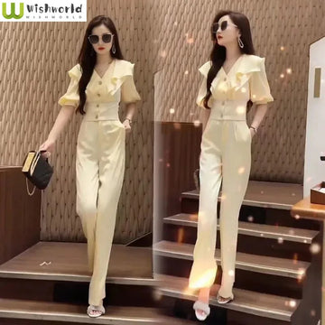 商务装女Temperament Fashion Set Women's Spring/Summer New Ruffled V-Neck Slim Top Fashionable Wide Leg Pants Two Piece Set