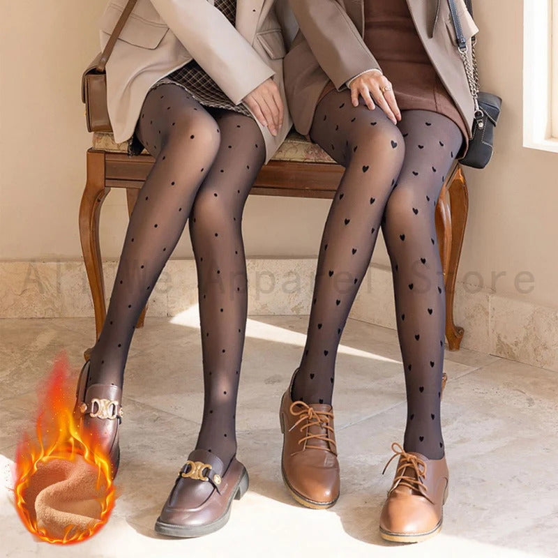 丝袜Cute Knot Dot Thermal Stockings female Insulated Printed Pantyhose Winter Warm Tight For Women Fleece Leggings Skin Effect Pants